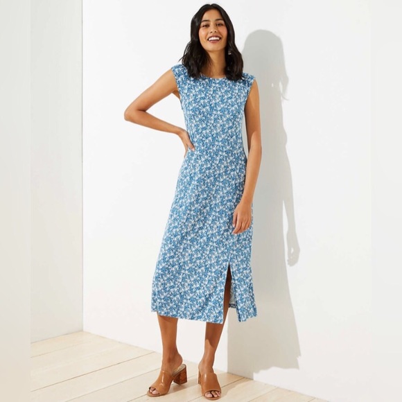 LOFT | Dresses | Loft Blue Floral Cap Sleeve Side Slit Midi Dress | Poshmark